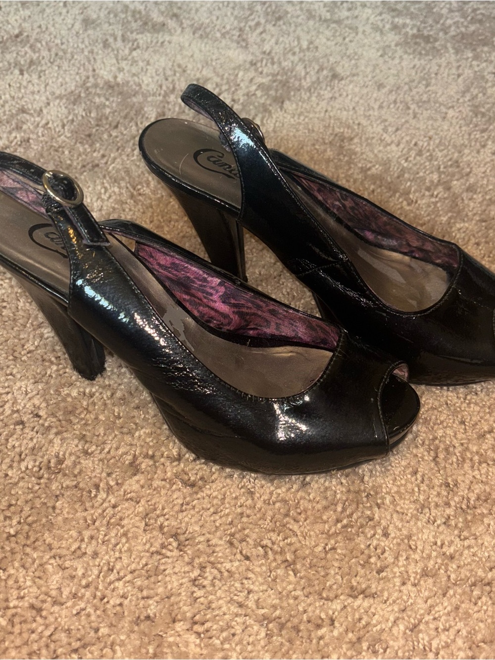 Candies Christa Womens 9 Black Patent Peep Toe Platform Slingback Heels Y2K